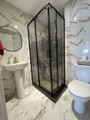 Shower, hair dryer, towels