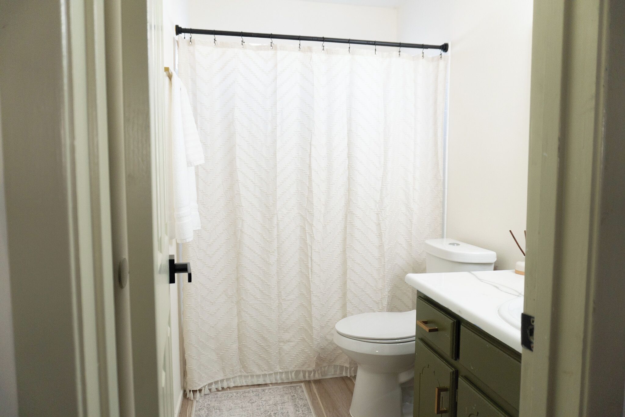 Hair dryer, towels, soap, toilet paper
