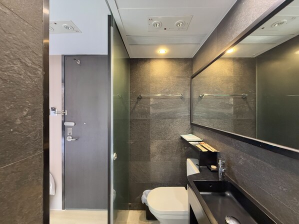 A modern bathroom with a glass shower enclosure, a toilet, a sink with a mirror, and a towel rack.