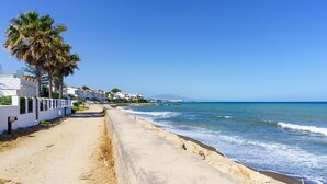 A coastal road with a concrete barrier, palm trees, and buildings along the beach.