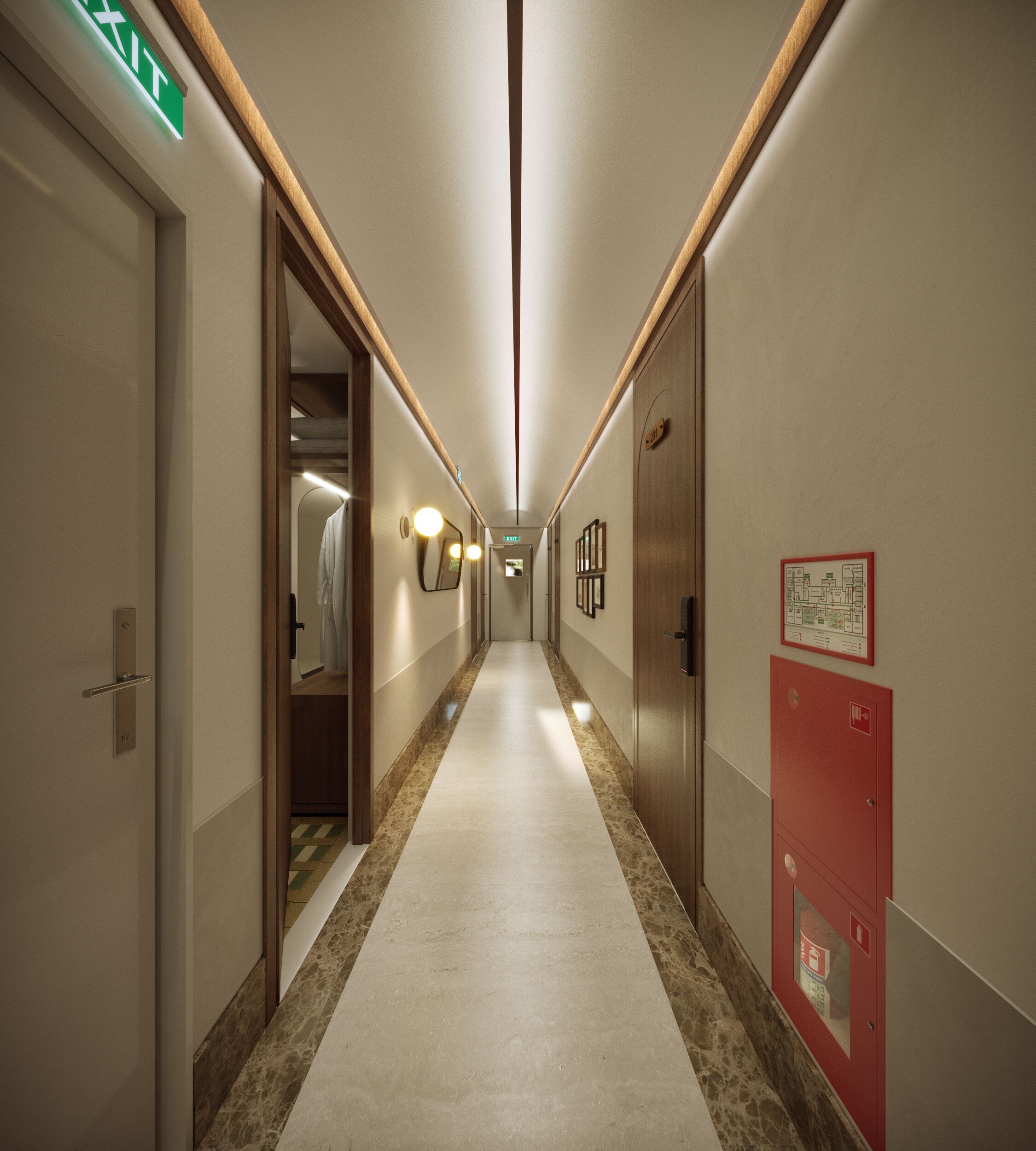 A hotel corridor with a long, narrow layout, featuring doors on both sides, a carpeted floor, and wall-mounted lighting fixtures.