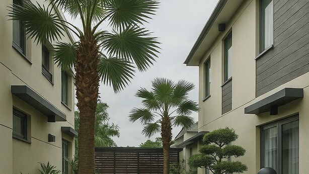 A landscaped garden with a winding stone path, palm trees, and various shrubs. - Cipto Apartment (Bandung)