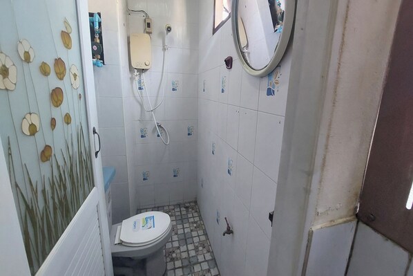 Ein kleines Badezimmer mit Toilette, einem Spiegel und einem Wandheizkörper.