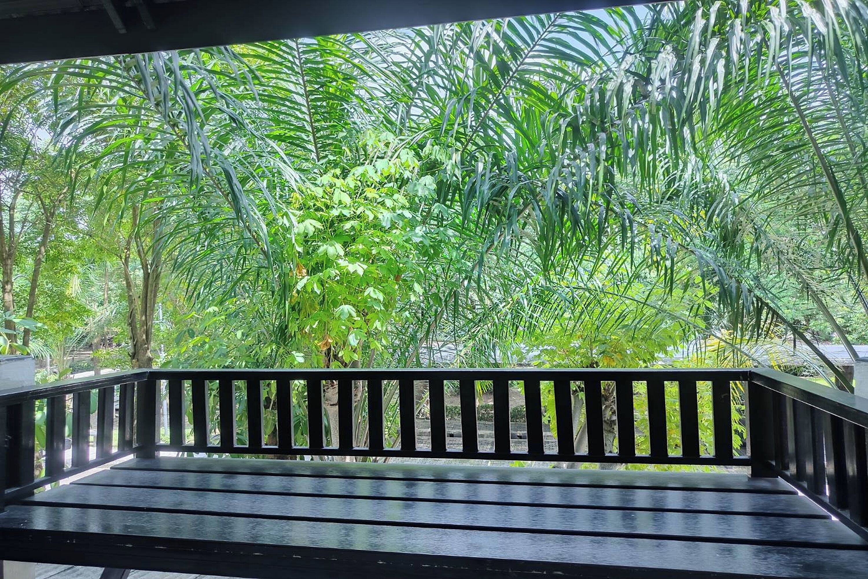 A wooden bench with a metal railing in a lush, green outdoor area.