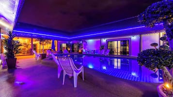 Outdoor pool, pool umbrellas, pool loungers