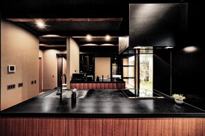 Fridge, microwave, stovetop, cookware/dishes/utensils