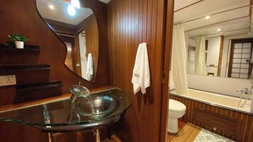 Hair dryer, towels, soap, toilet paper