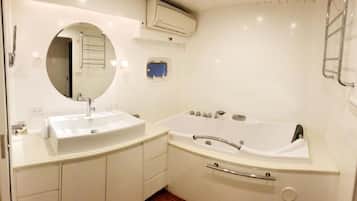 Hair dryer, towels, soap, toilet paper