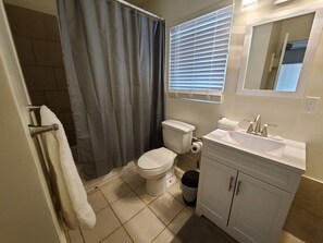 Hair dryer, towels, toilet paper