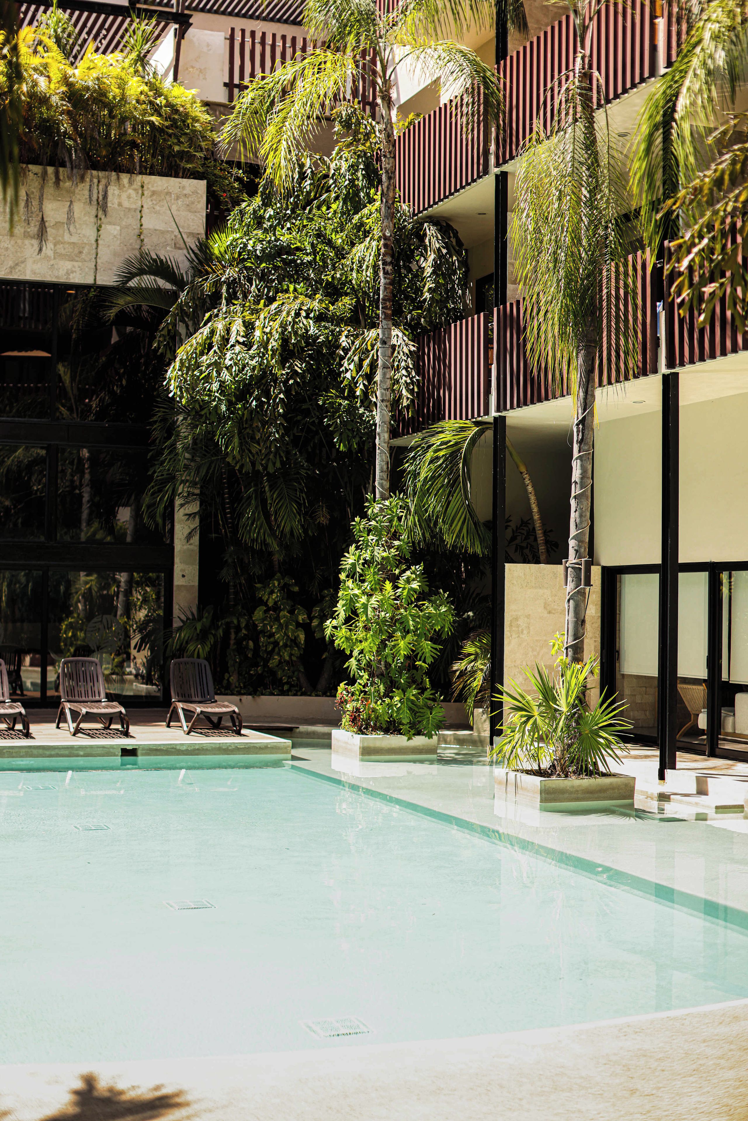 A pool area with lounge chairs, surrounded by lush greenery and modern architecture.