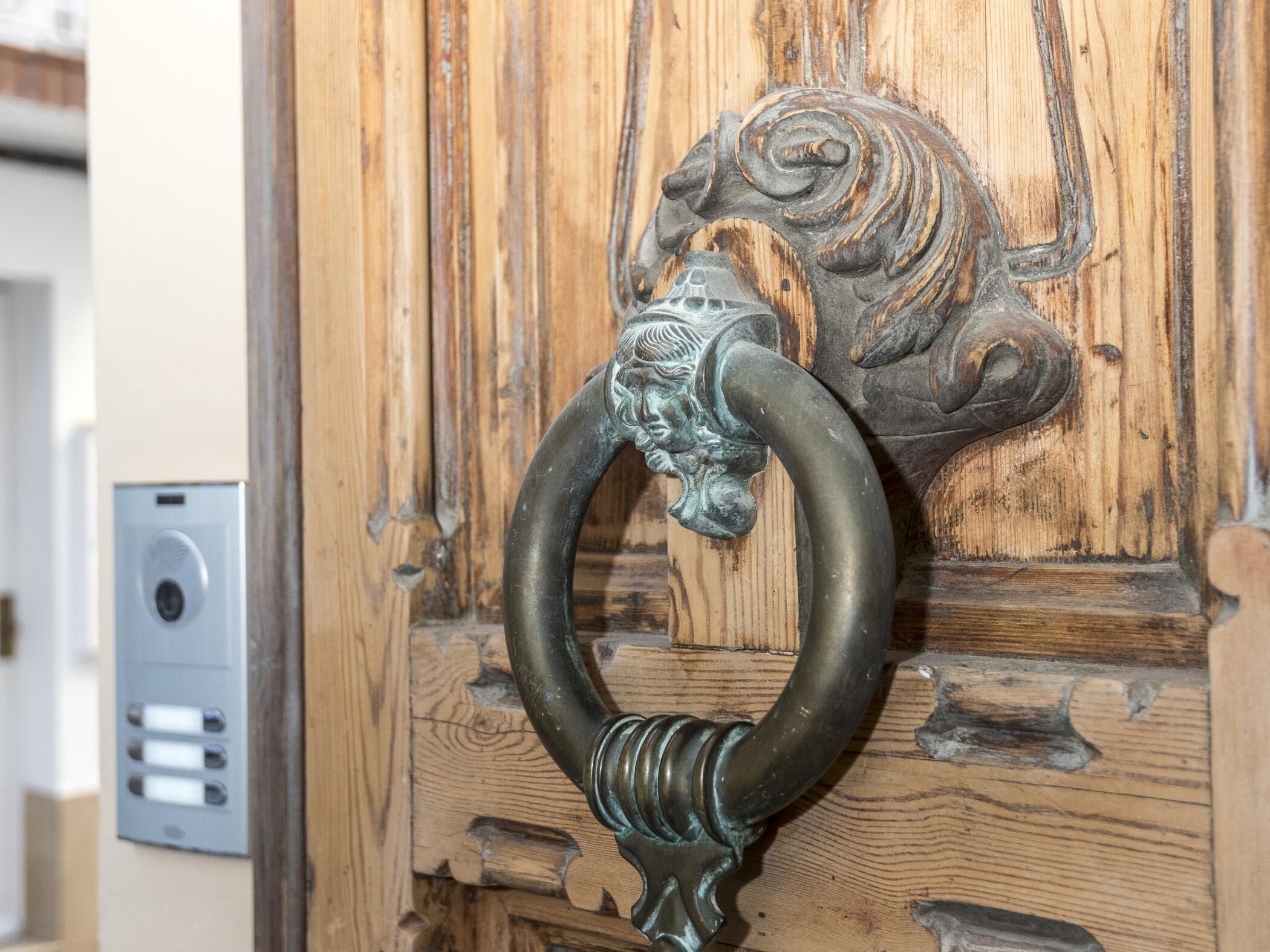 A wooden door with a metal ring handle featuring a lion's head design.