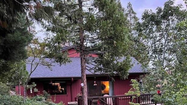Une cabane rustique à l’extérieur rouge, entourée d’une végétation luxuriante et dotée d’une terrasse en bois.