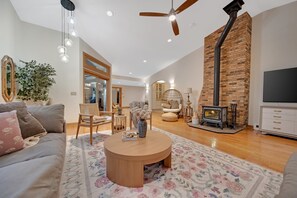 Smart TV, fireplace, DVD player, books