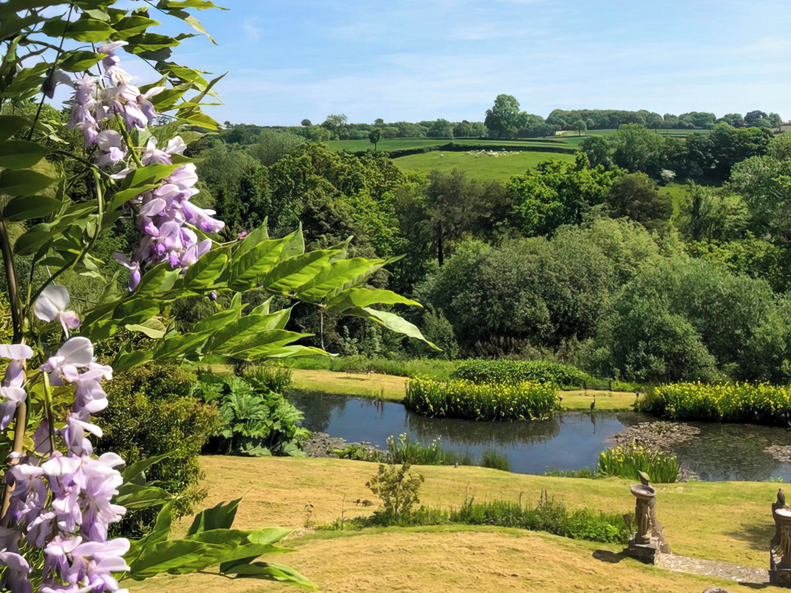 Ein üppiger Garten mit einem Teich, umgeben von viel Grün und blauem Himmel.