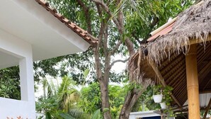 A tropical garden with various plants and a thatched-roof structure. - Lovys Gili Air (Gili Air)