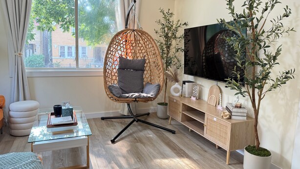 Una sala moderna con un sillón colgante, una mesa de centro de vidrio, un televisor y una planta en maceta.