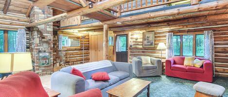 TV, fireplace, DVD player, books