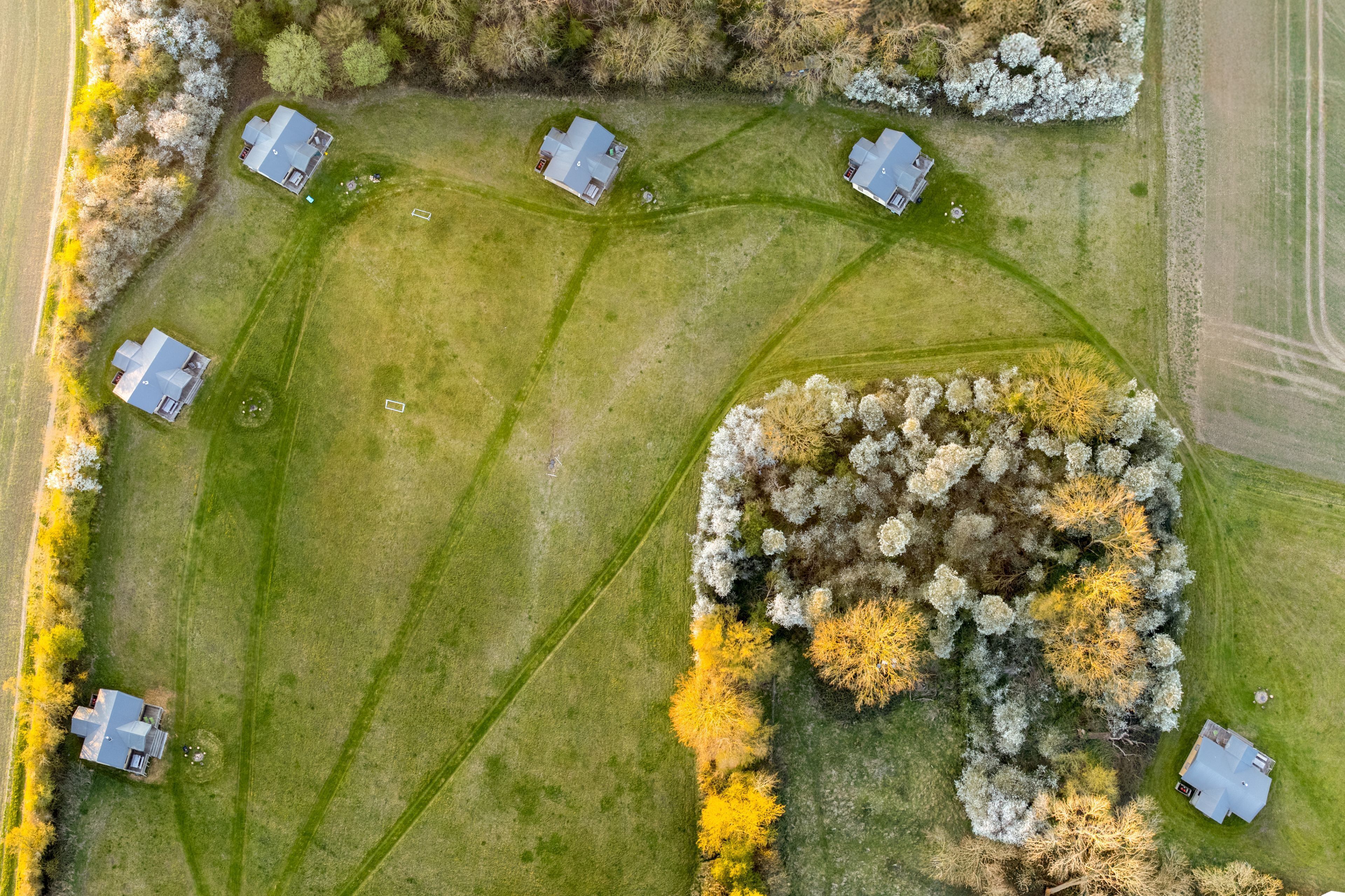 Vue aérienne d’un quartier résidentiel avec de nombreuses maisons, des pelouses verdoyantes et des arbres.