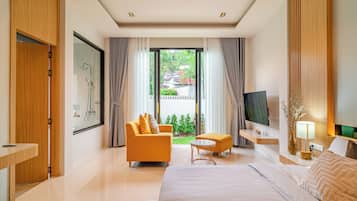 Villa, Pool View | Minibar, in-room safe, desk, laptop workspace