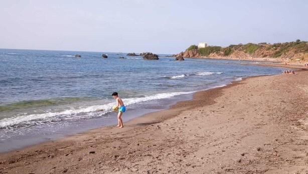 Une plage où l’on voit une personne debout près de l’eau, un rivage rocheux et un bâtiment situé au loin.