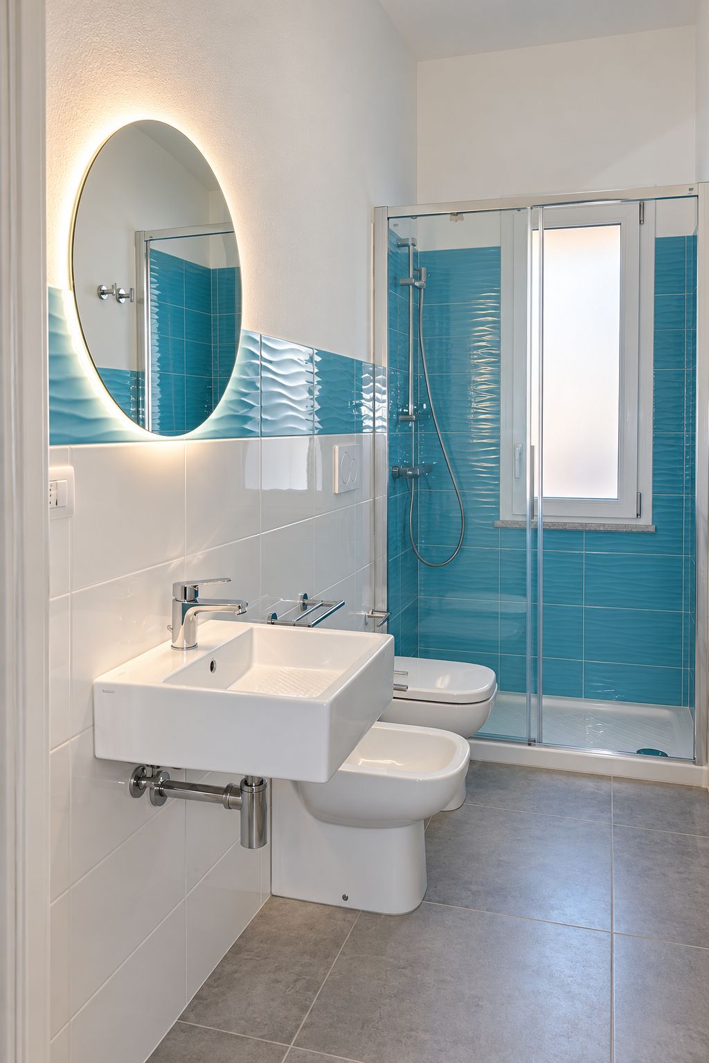 Een moderne badkamer met een grote spiegel, een wastafel, een toilet en een douchecabine.