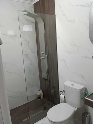 Dusche, Haartrockner, Handtücher, Seife