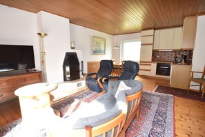 Télévision, cheminée, chaîne hi-fi