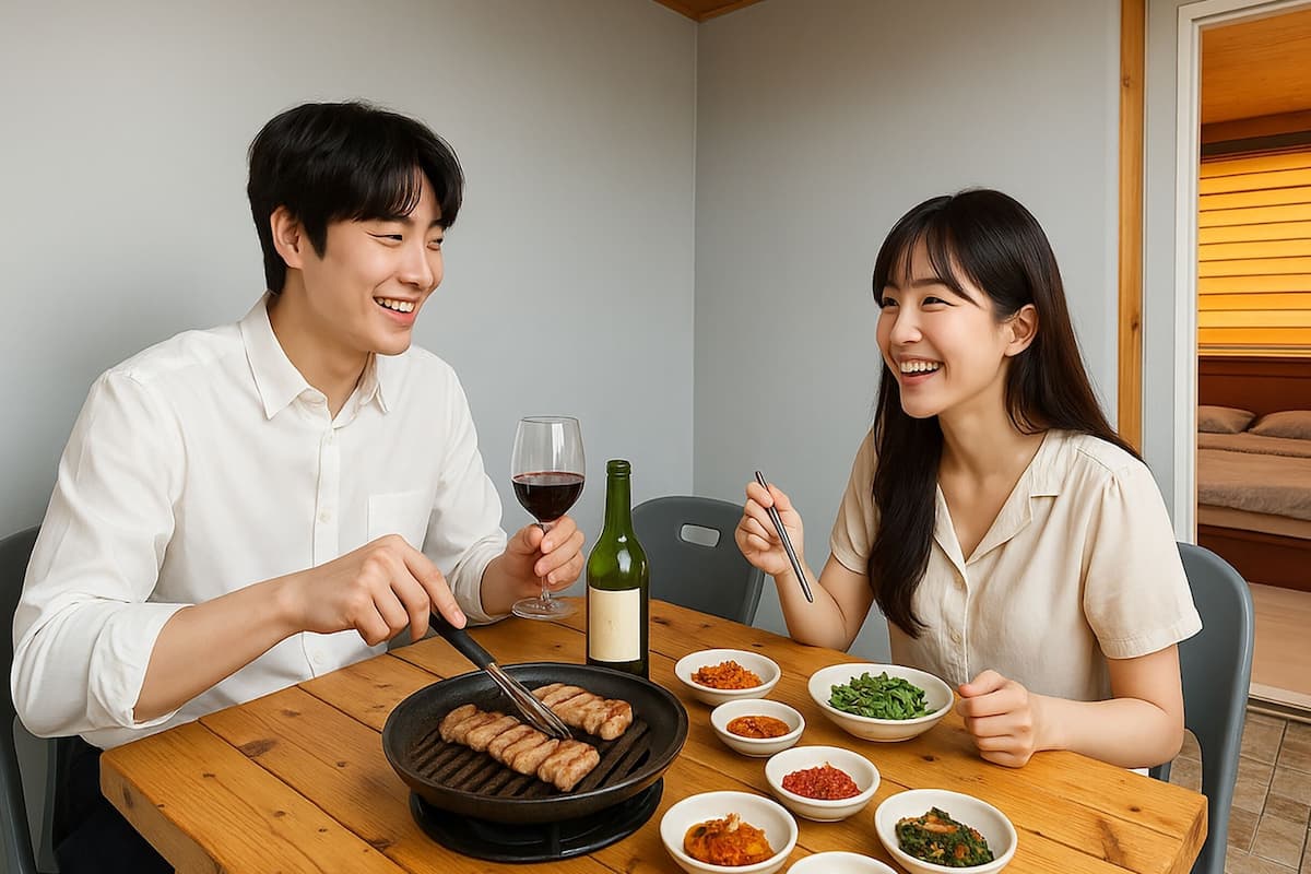 A couple dining at a wooden table with a pan of food, wine, and various side dishes.