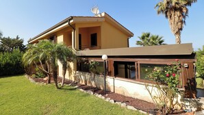 A two-story house with a flat roof, a satellite dish, and a large palm tree in the yard.