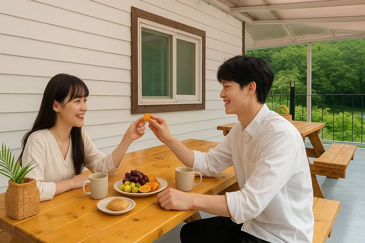 Une table en bois, un panier en osier, une assiette de fruits et deux tasses.