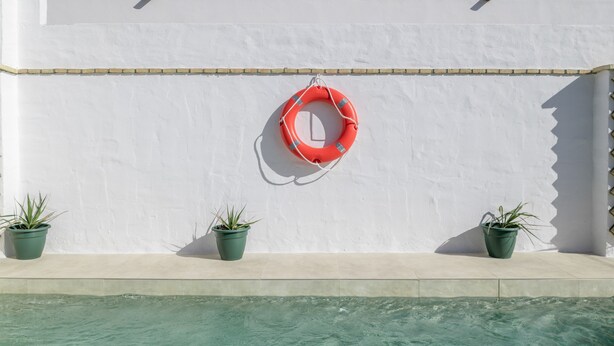 A pool with a lifebuoy on the wall, potted plants, and a tiled edge.