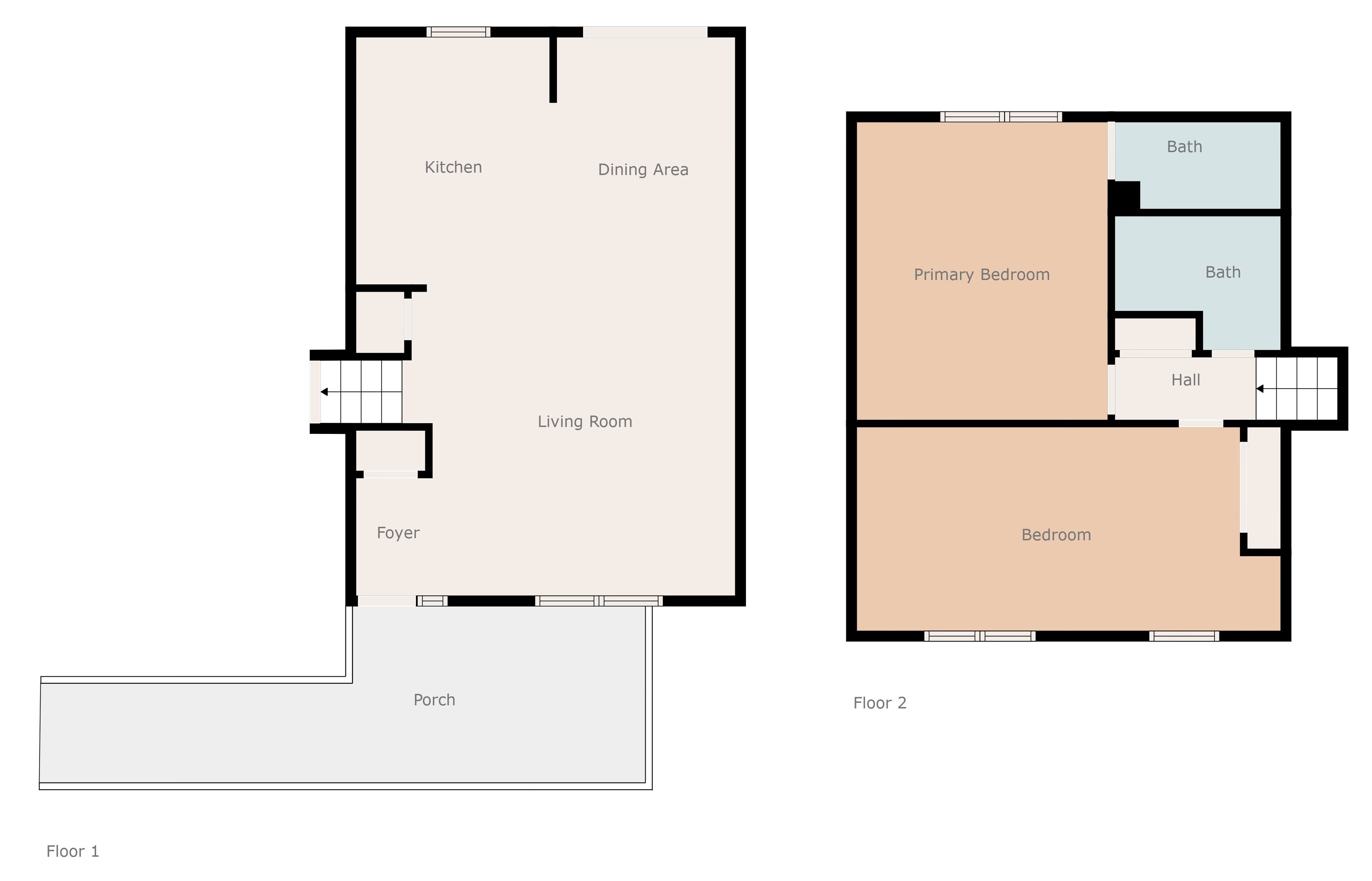 Two floor plans of a property with a kitchen, dining area, living room, foyer, and porch on the first floor, and a primary bedroom, secondary bedroom, bathroom, and hall on the second floor.