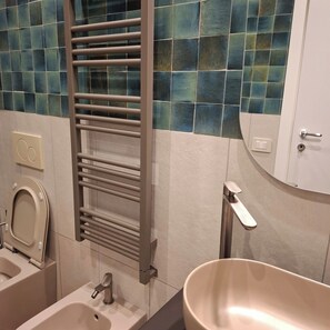 Shower, hair dryer, bidet, towels