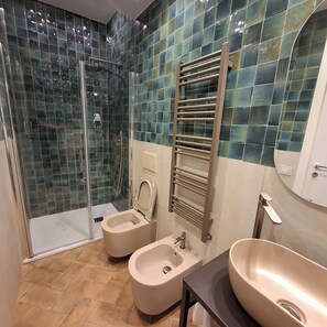 Shower, hair dryer, bidet, towels