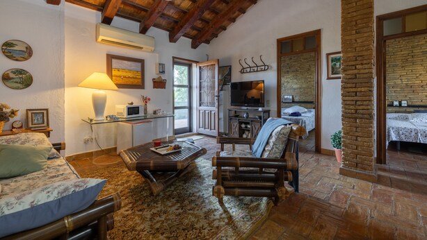 A cozy living room with a wooden ceiling, a sofa, a coffee table, a TV, and a fireplace. - Apartment in Holiday Home "Casa Sorrapa" (Deltebre)