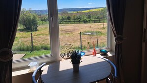 A room with a large window, a table with a potted plant, and a view of a green landscape. - Muddy Puddles Farm (Kovachevets)