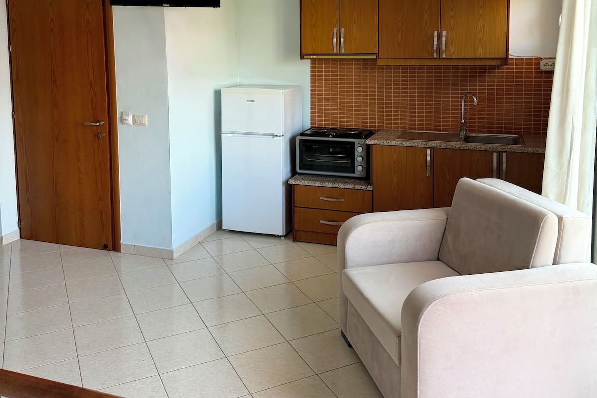 A compact living space with a kitchenette, a sofa, a wooden door, and a television.