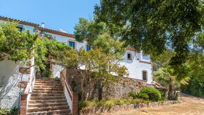 A white building with a stone staircase leading to a door, surrounded by greenery and a clear sky.