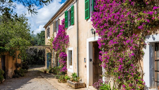A narrow street with buildings, some with green shutters, and flowering plants. - Villa 'Es Galliner' with Private Pool, Private Terrace and Wi-Fi (Illes Balears)