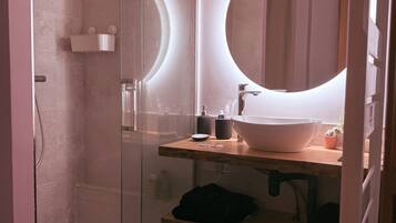 Shower, hair dryer, towels, toilet paper