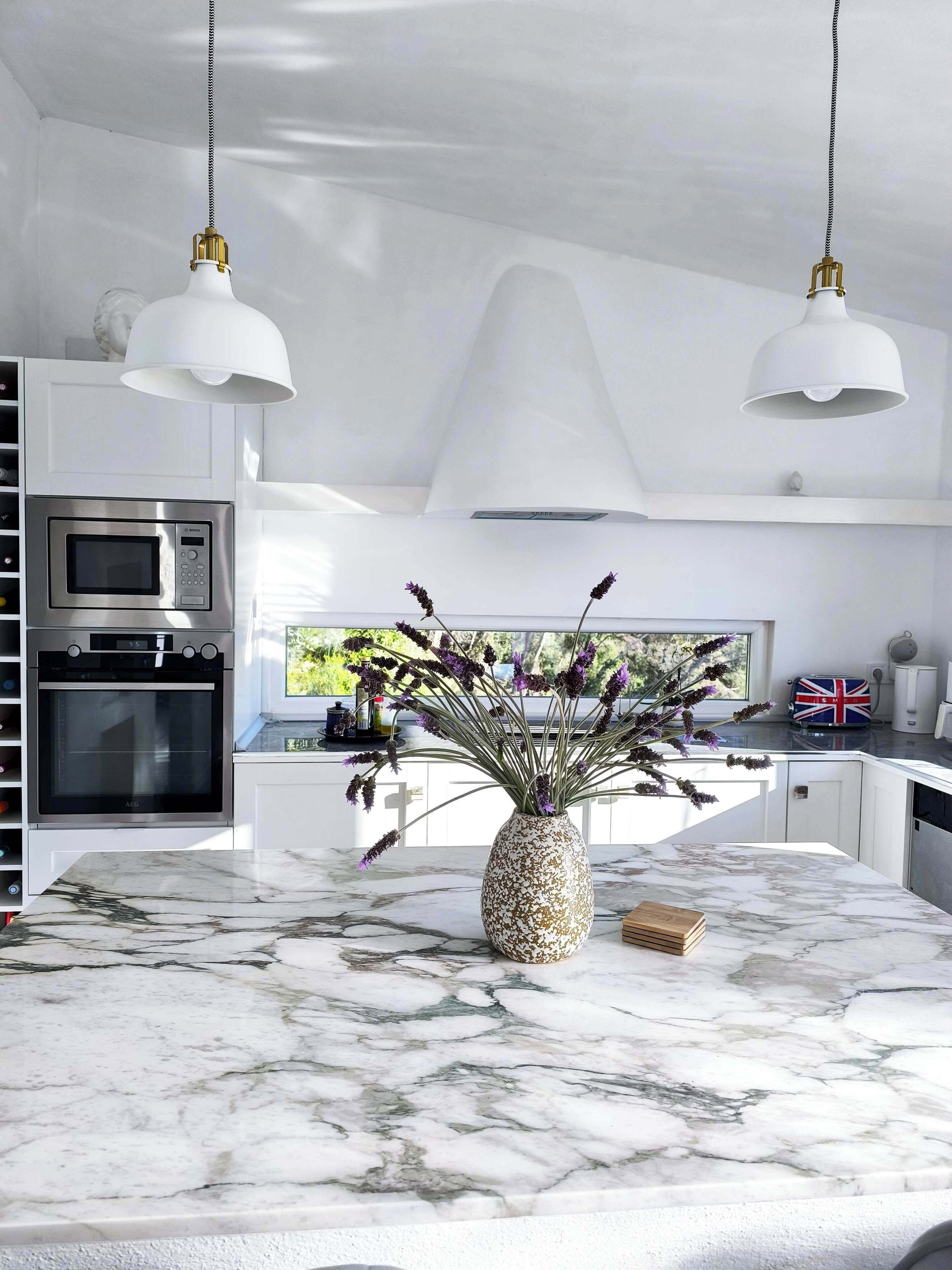 Een magnetron, een oven, een kookplaat, een vaatwasser