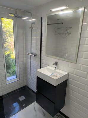 Hair dryer, towels, soap, toilet paper