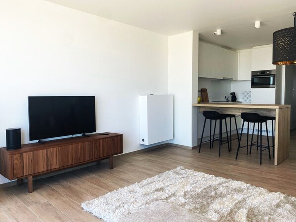 A modern living room with a flat-screen TV on a wooden console, a white radiator, and a fluffy rug. - Seafront Luxury With Ocean Views (Middelkerke)