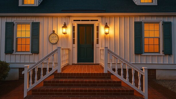 A two-story house with a front porch, a green door, and a brick staircase leading to the entrance. - Historical Mattocks House - Waterfront, Downtown Swansboro, Boat Slip (Swansboro)