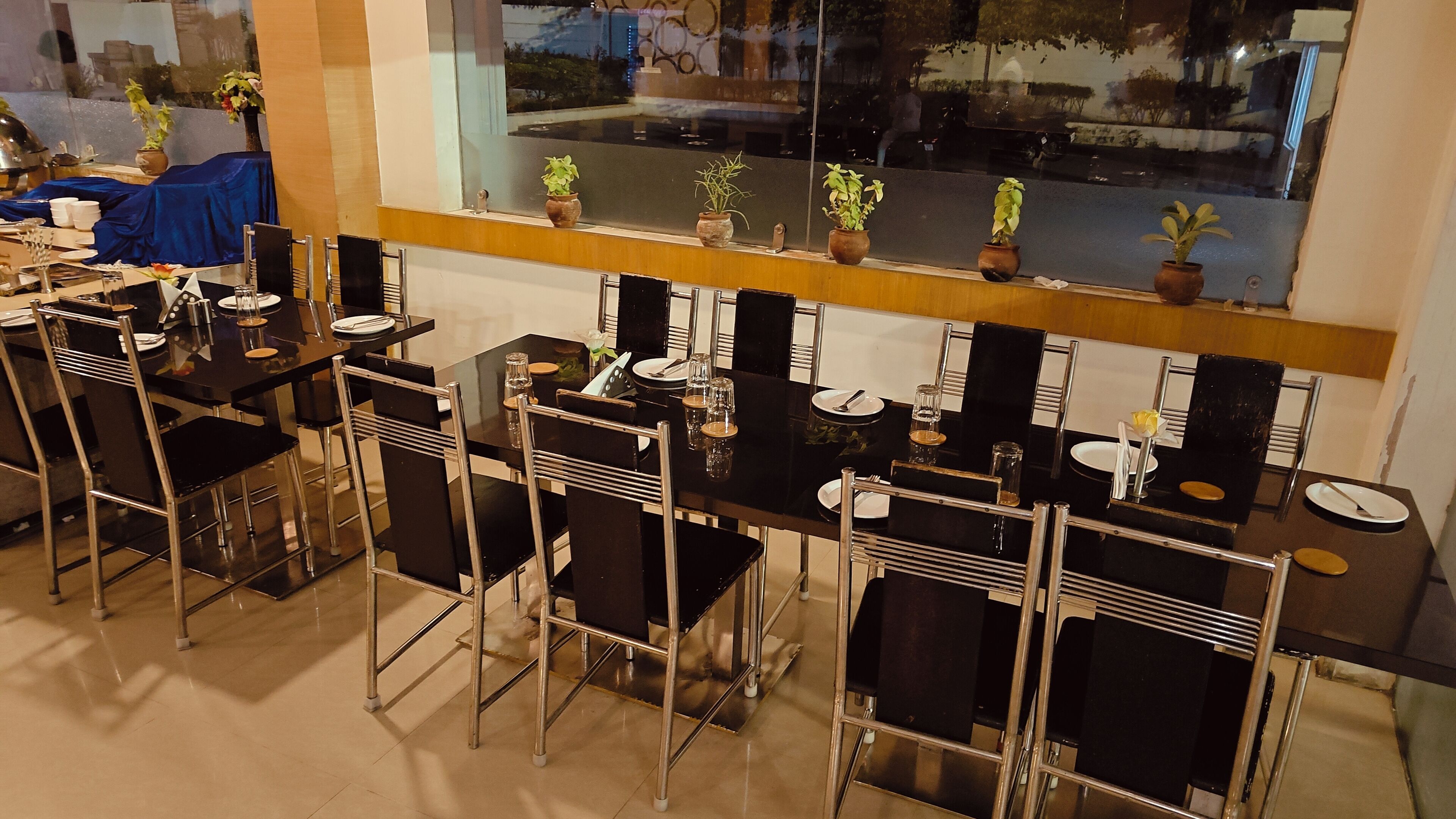 A dining area with tables and chairs, potted plants on a ledge, and a window with a view of the street.