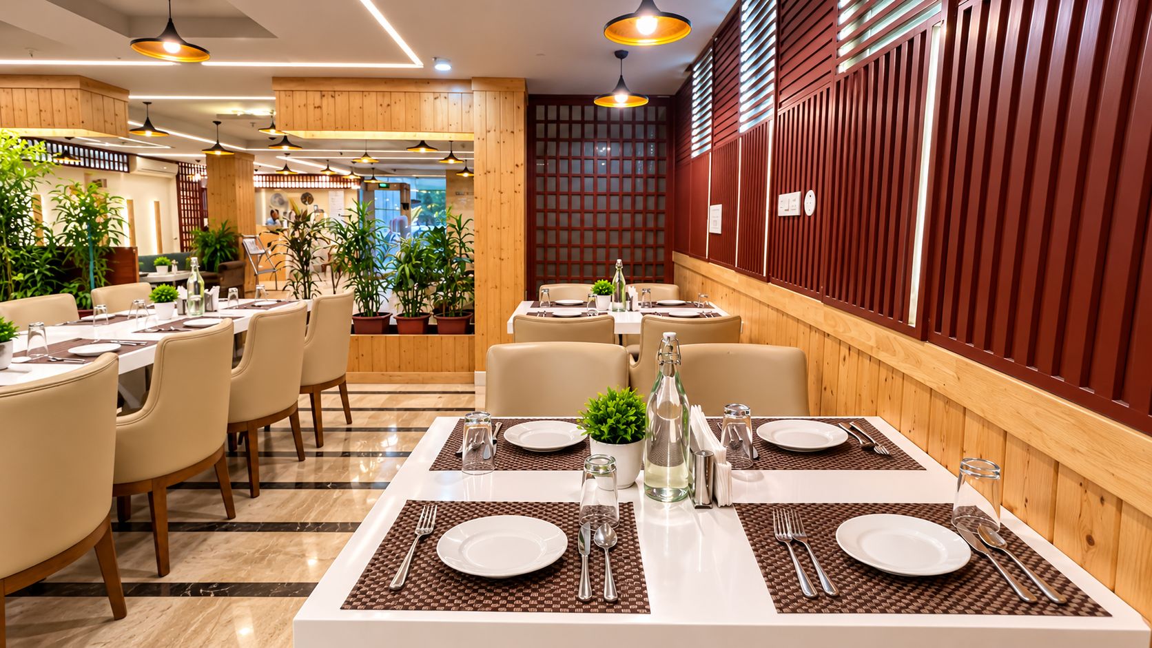 A restaurant with multiple tables set for dining, featuring a modern interior with wooden accents and potted plants.