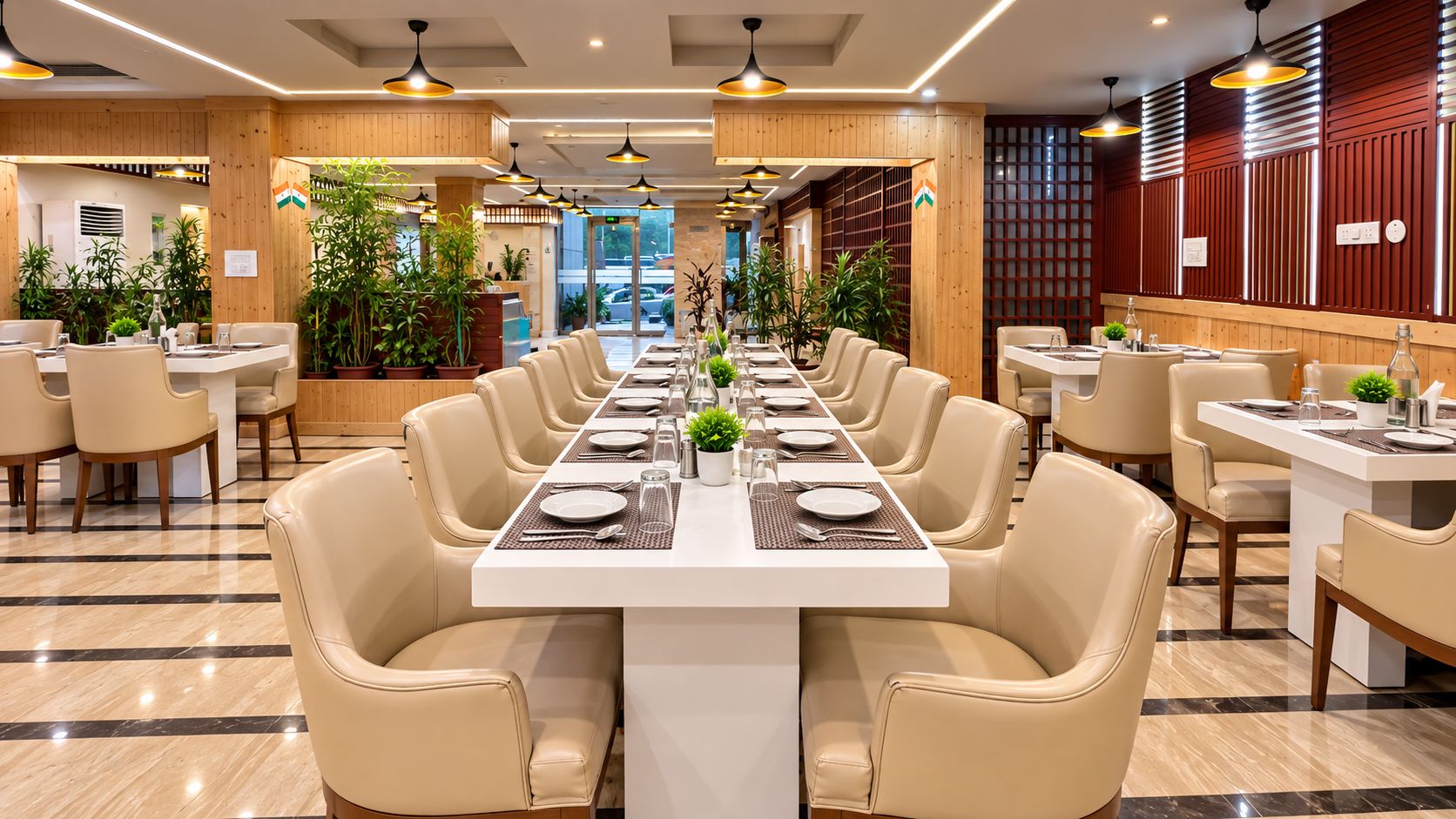 Un restaurante con una larga mesa de comedor lista para una comida, rodeada de sillas.