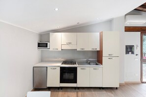 Frigorífico, microondas, horno y placa de cocina