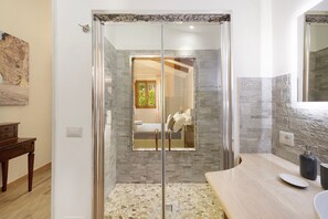 Shower, hair dryer, towels