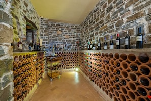 A wine cellar with stone walls, wine racks, and a variety of wine bottles.